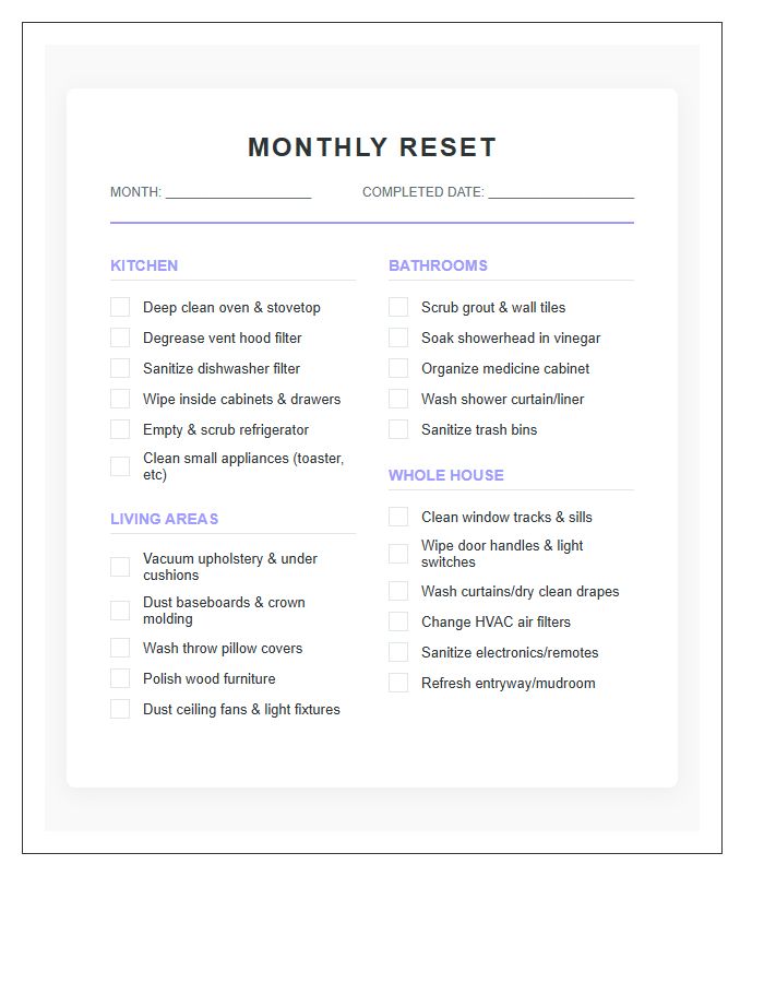 Monthly Deep Clean Reset Chore Chart Printable