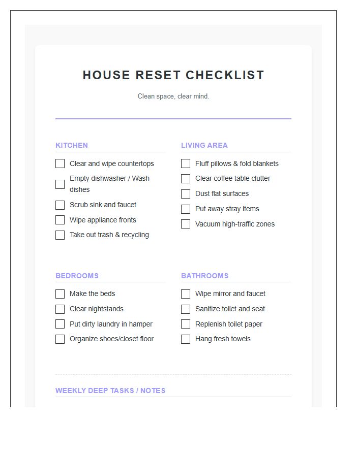 Room By Room House Reset Chore Chart Printable