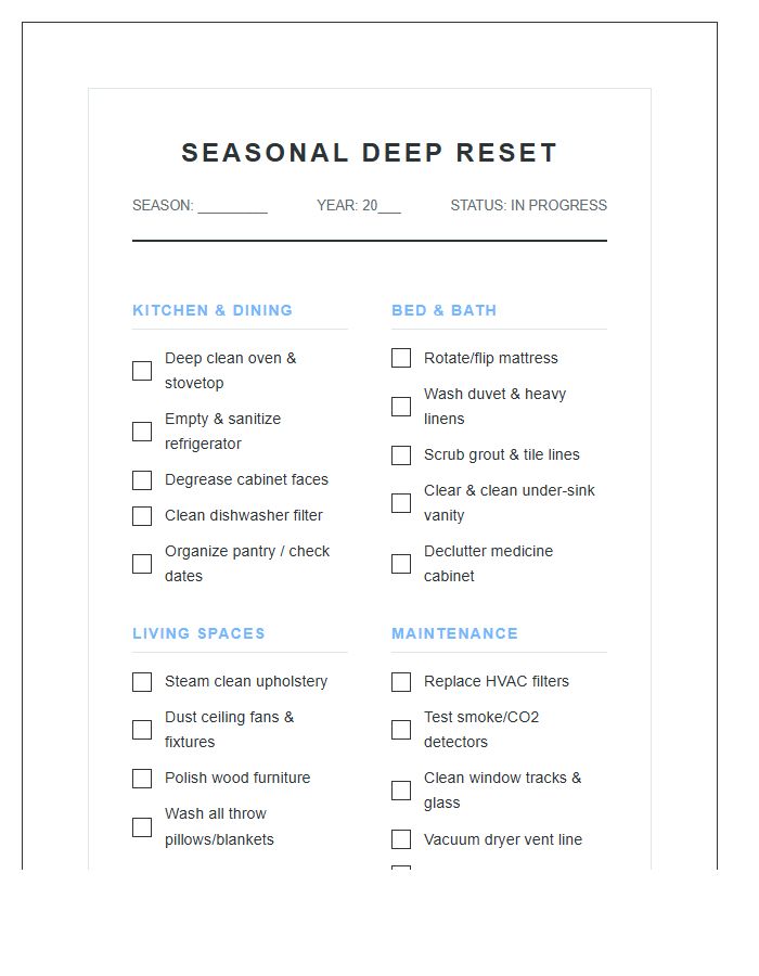 Seasonal Deep Reset Chore Chart Printable