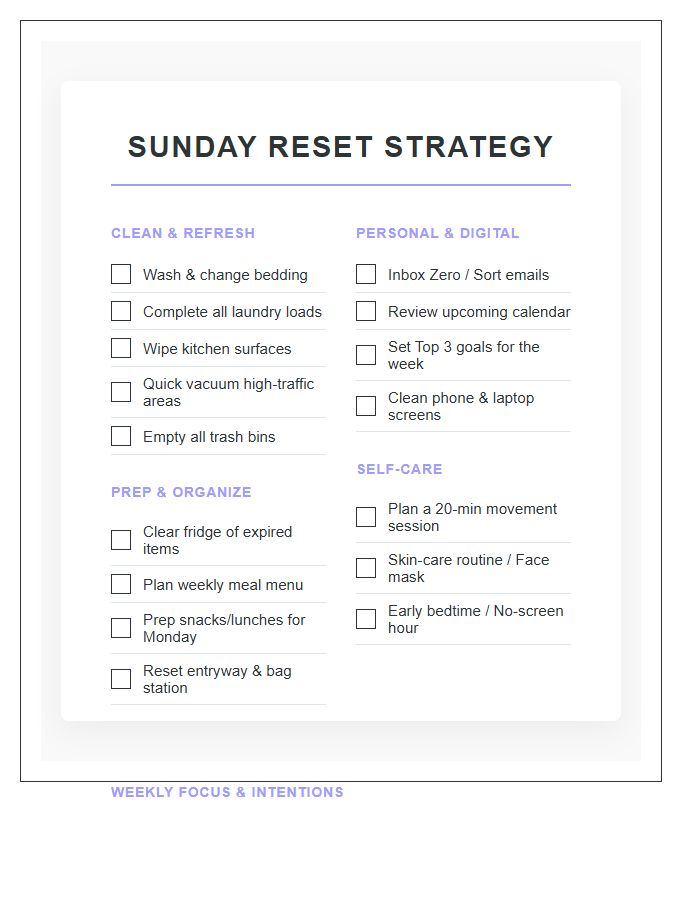 Sunday Reset Strategy Chore Chart Printable