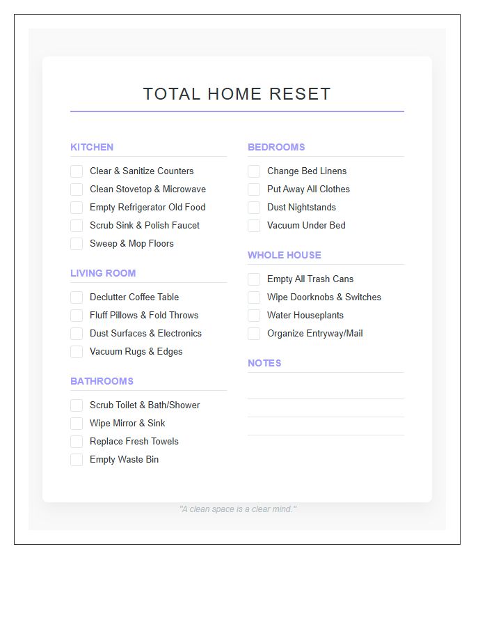 Total Home Reset Chore Chart Printable