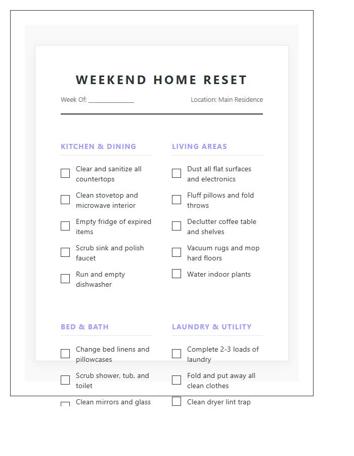 Weekend Home Reset Chore Chart Printable
