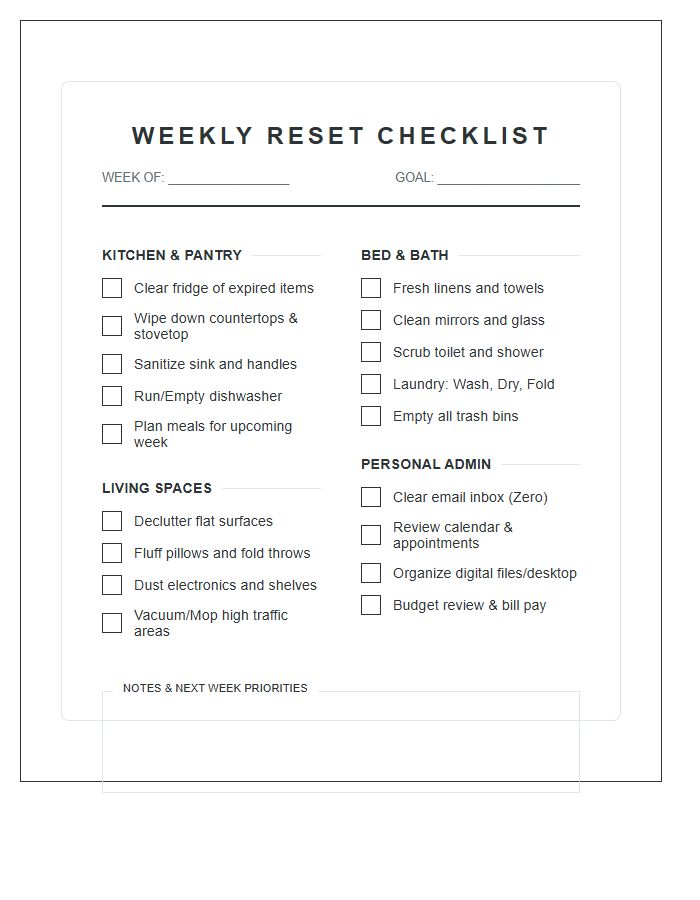 Weekly Reset Checklist Chore Chart Printable