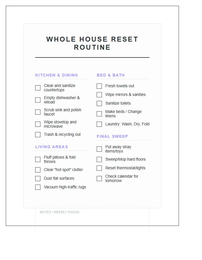 Whole House Reset Routine Chore Chart Printable