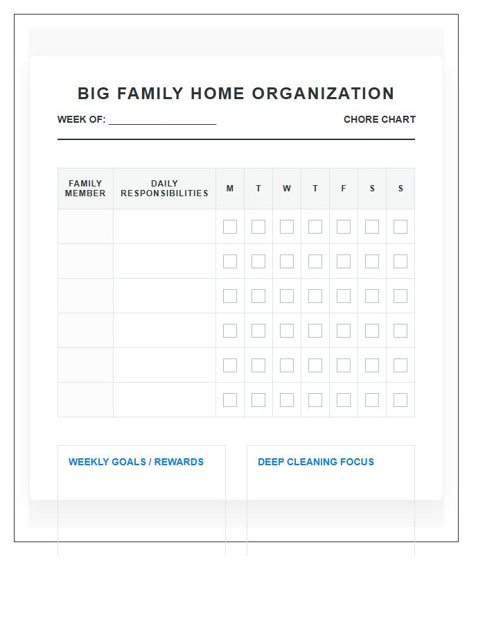 Big Family Home Organization Chore Chart Printable