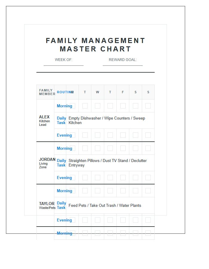 Detailed Large Family Management Chore Chart Printable