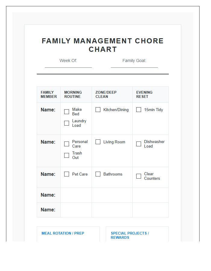 Essential Large Family Management Chore Chart Printable