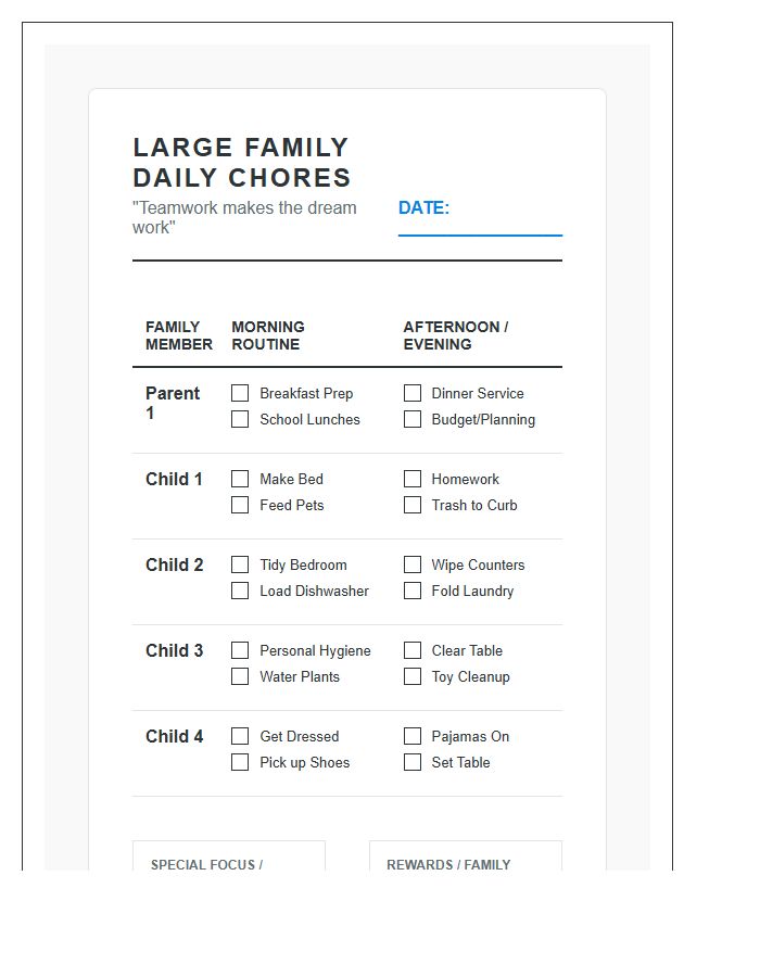 Large Family Daily Task Management Chore Chart Printable
