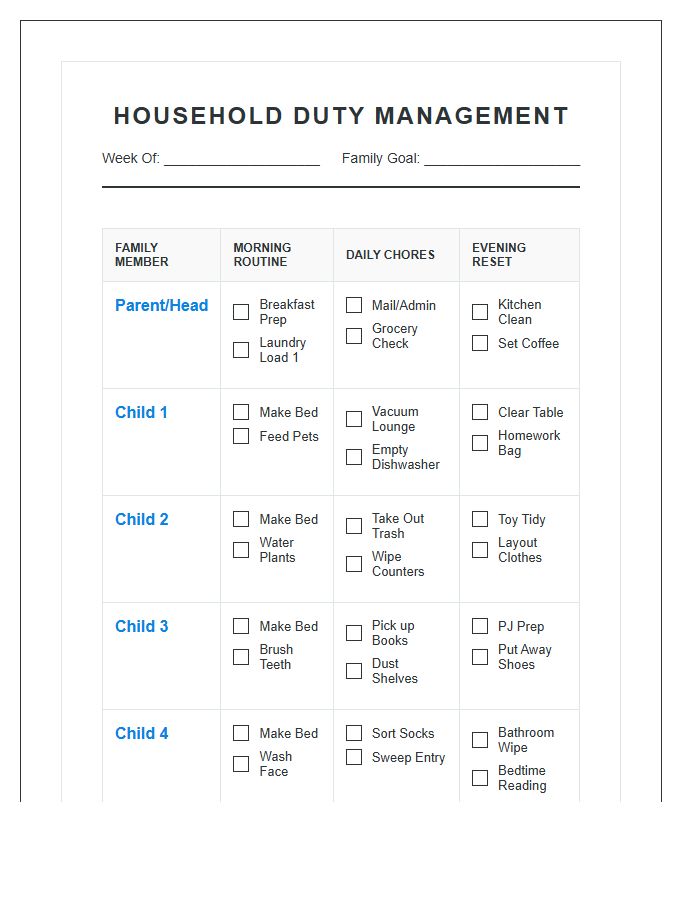 Large Family Household Duty Management Chore Chart Printable