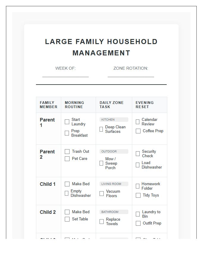 Large Family Household Management Chore Chart Printable