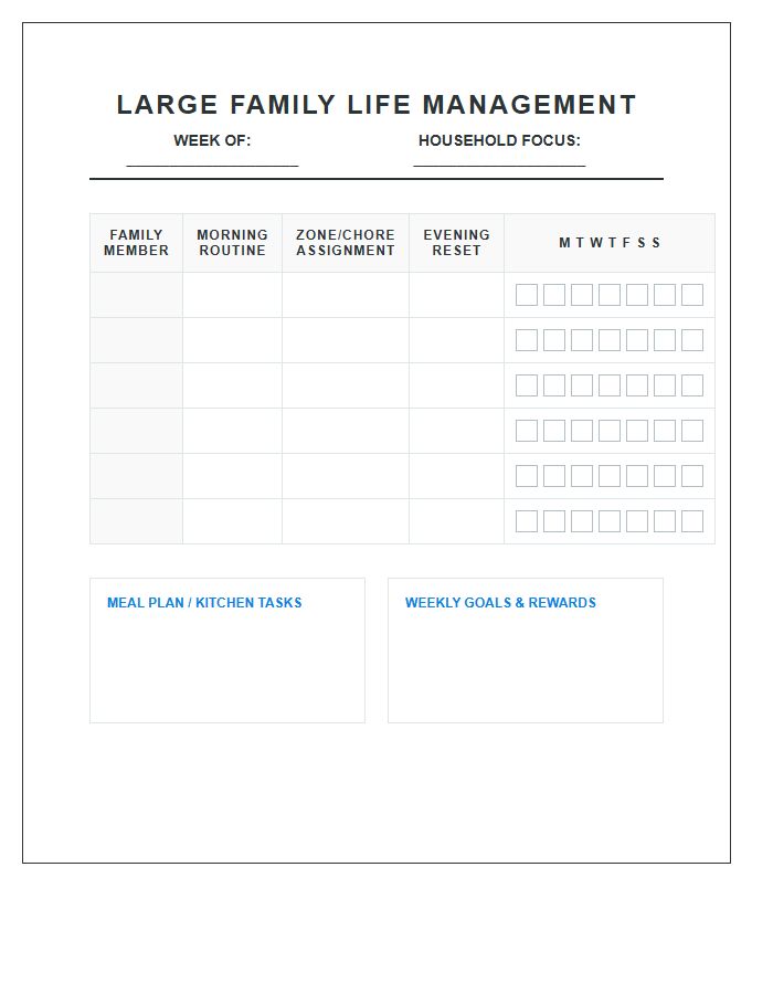 Large Family Life Management Chore Chart Printable