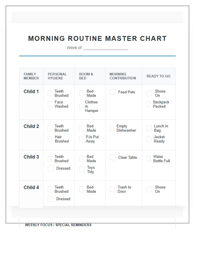 Large Family Morning Routine Management Chore Chart Printable