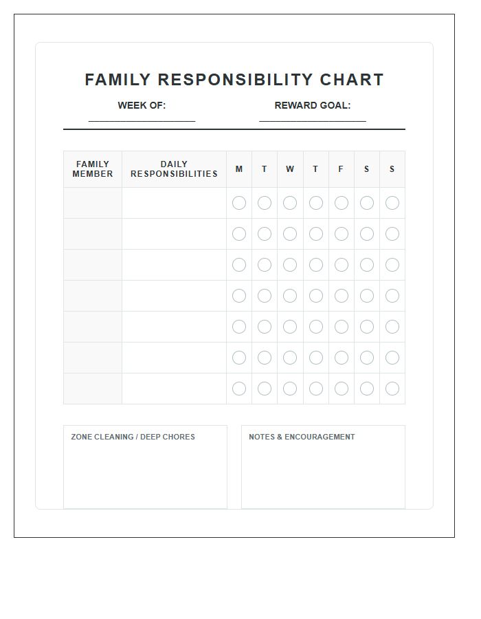 Large Family Weekly Responsibility Chore Chart Printable