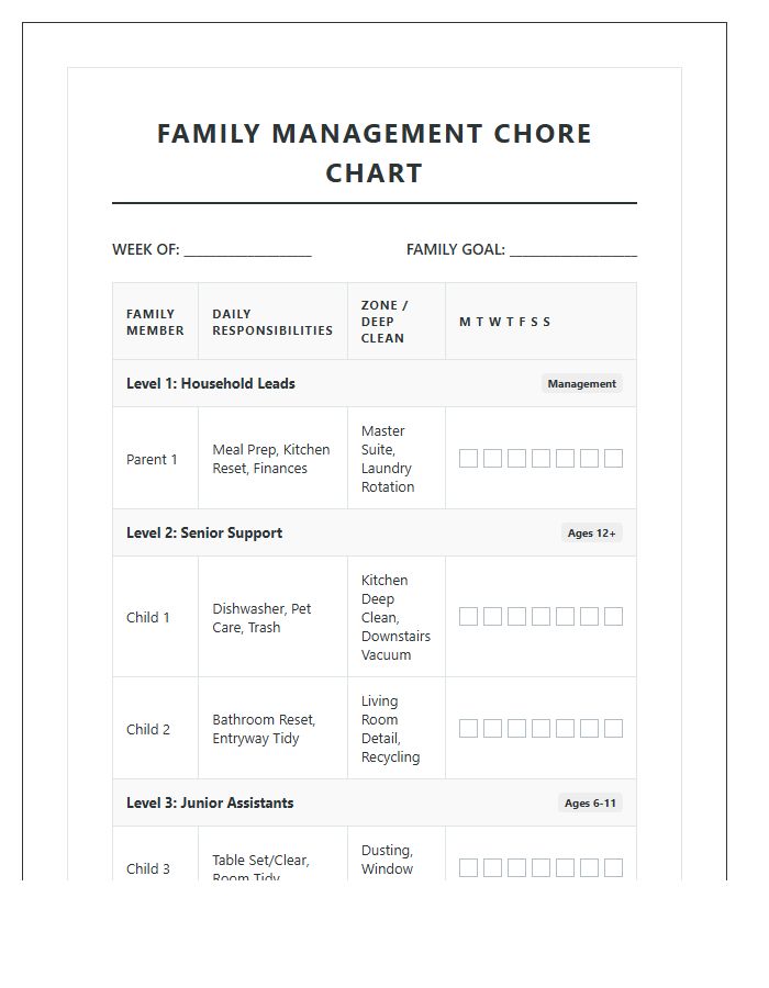 Multi Level Large Family Management Chore Chart Printable
