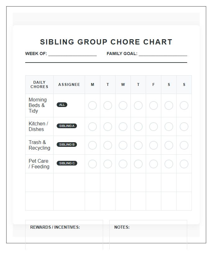 Sibling Group Chore Chart Printable Family Management