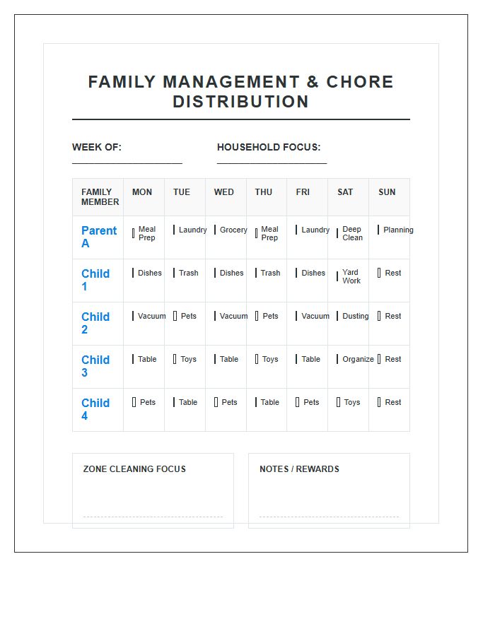 Structured Large Family Management Chore Chart Printable