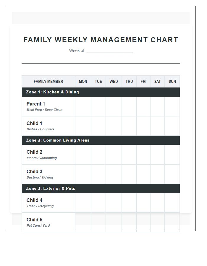 Whole House Large Family Management Chore Chart Printable