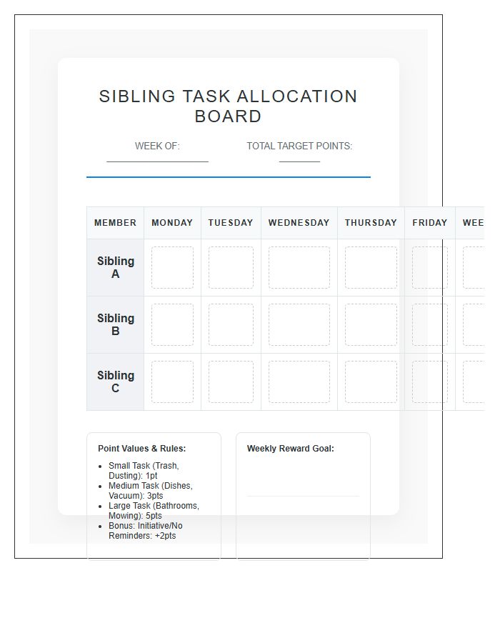 Balanced Sibling Task Allocation Chart Printable Board