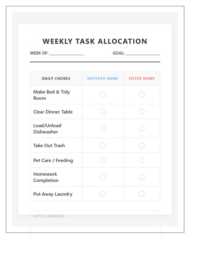 Brother And Sister Task Allocation Chart Printable Sheet
