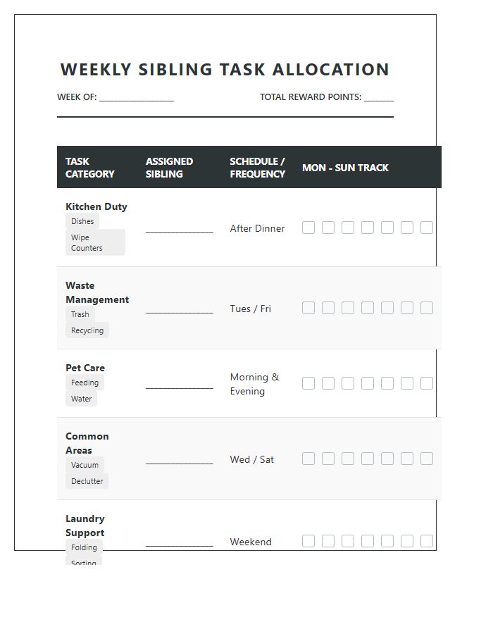 Comprehensive Sibling Task Allocation Chart Printable Visual