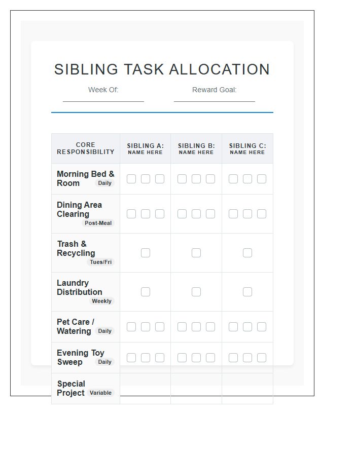 Detailed Sibling Task Allocation Chart Printable Logic