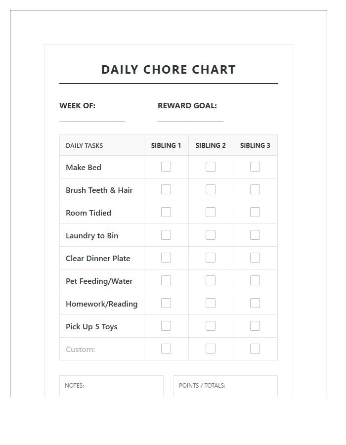 Multiple Sibling Chore Chart Printable For Daily Tasks