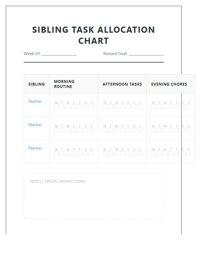 Organized Sibling Task Allocation Chart Printable Format