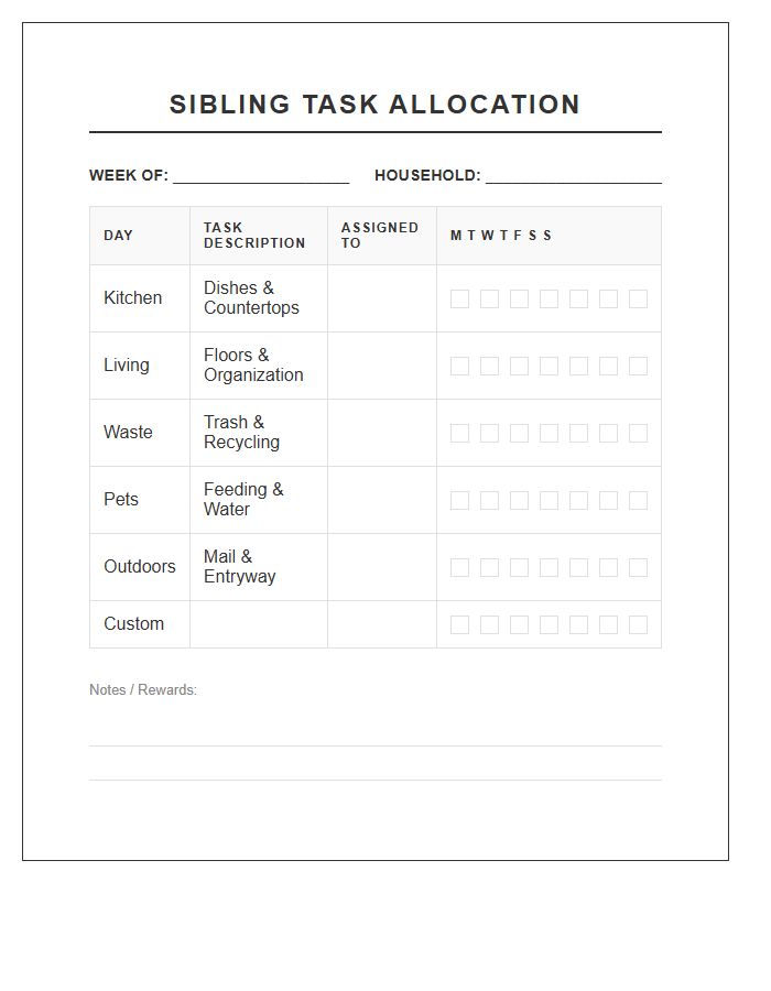 Shared Household Sibling Task Allocation Chart Printable