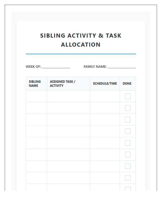 Sibling Activity And Task Allocation Chart Printable