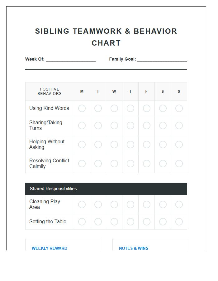 Sibling Behavior Management Chore Chart Printable