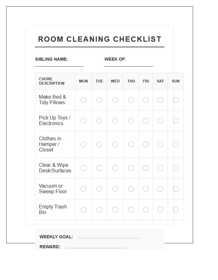 Sibling Chore Chart Printable For Room Cleaning