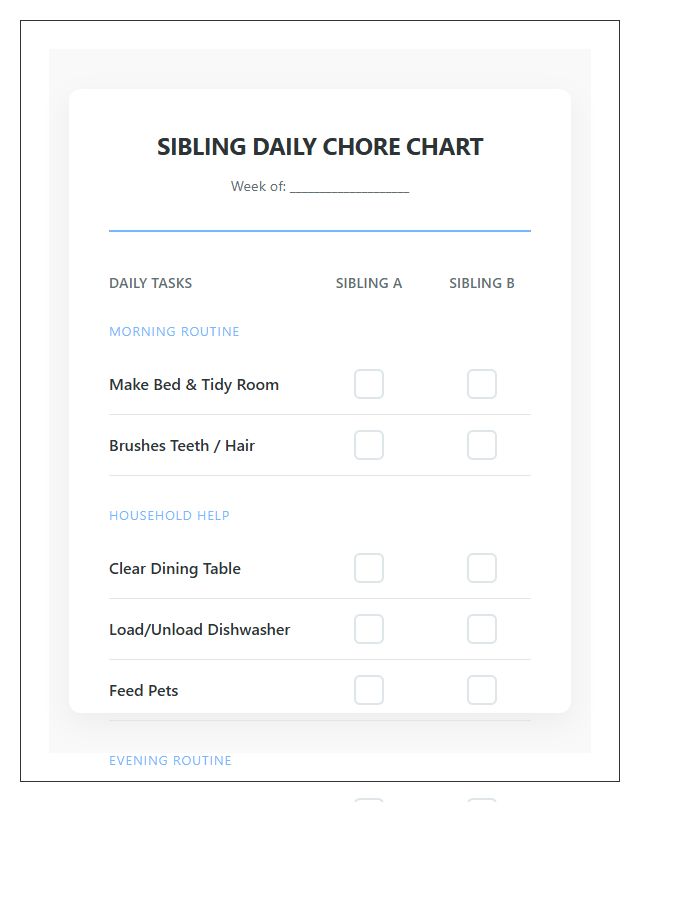 Sibling Daily Chore Chart Printable For Better Routine