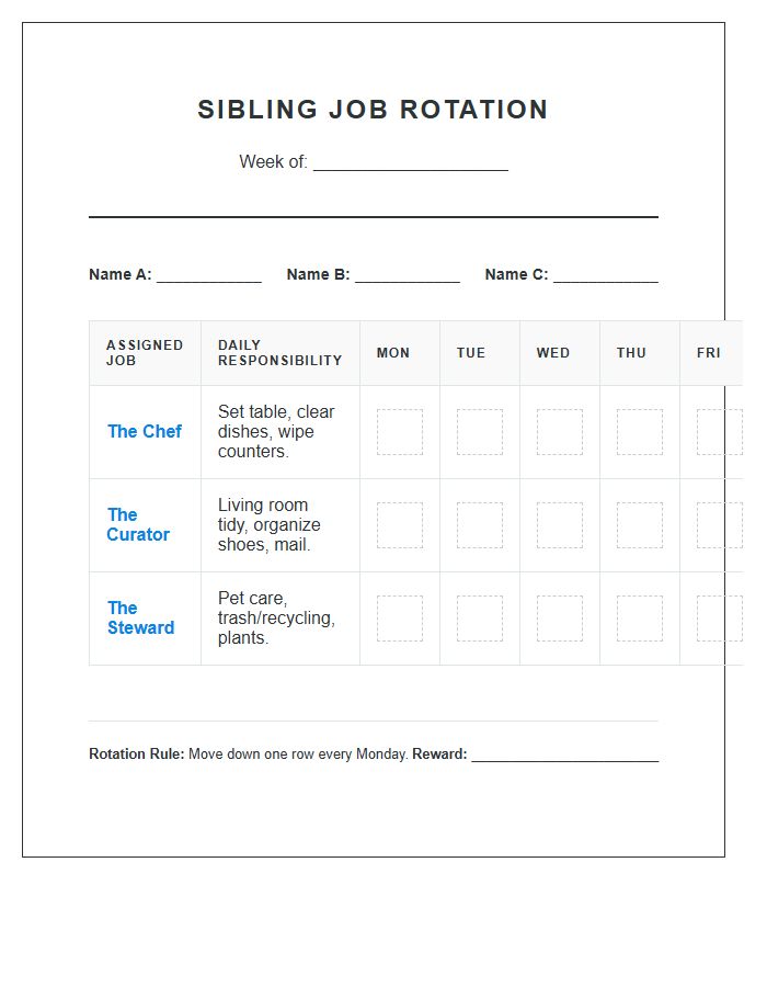 Sibling Job Rotation Chore Chart Printable System