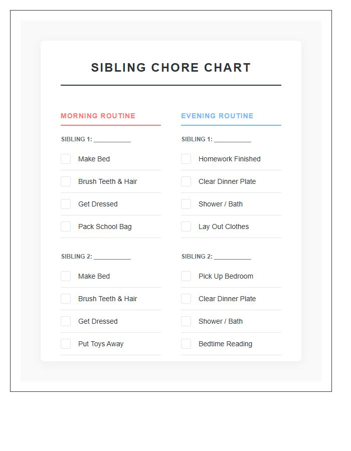 Sibling Morning And Evening Chore Chart Printable