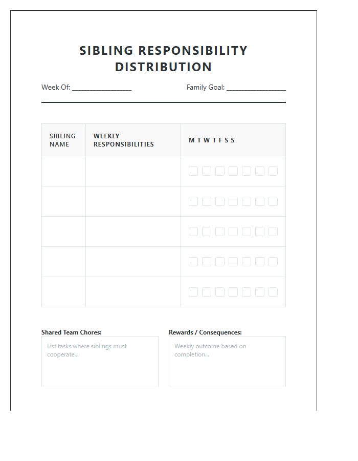 Sibling Responsibility Distribution Chore Chart Printable