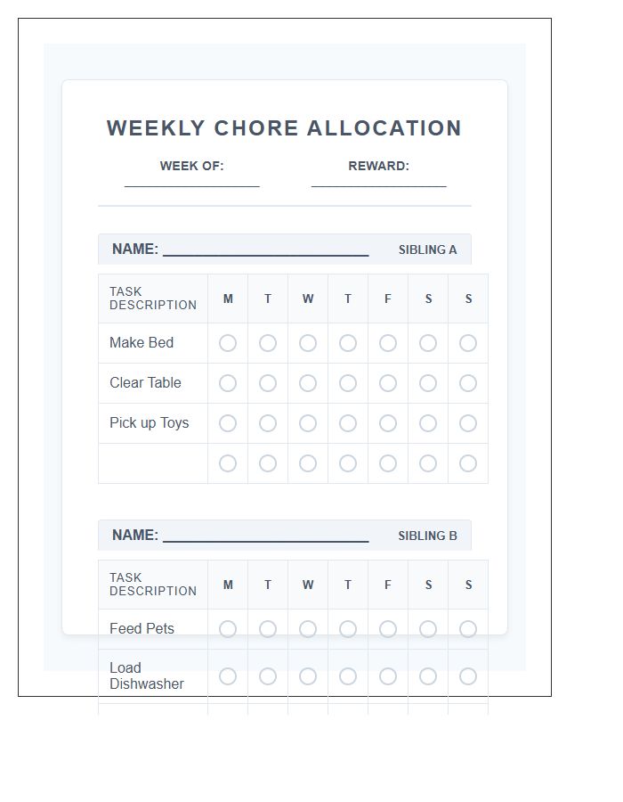 Sibling Task Allocation Chore Chart Printable For Kids