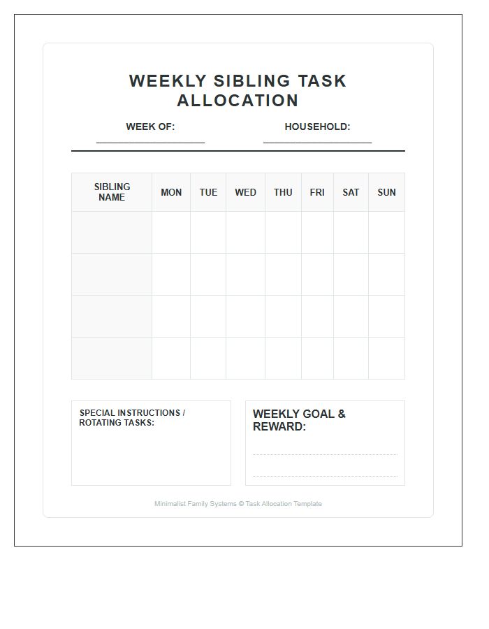 Weekly Sibling Task Allocation Chart Printable For Families