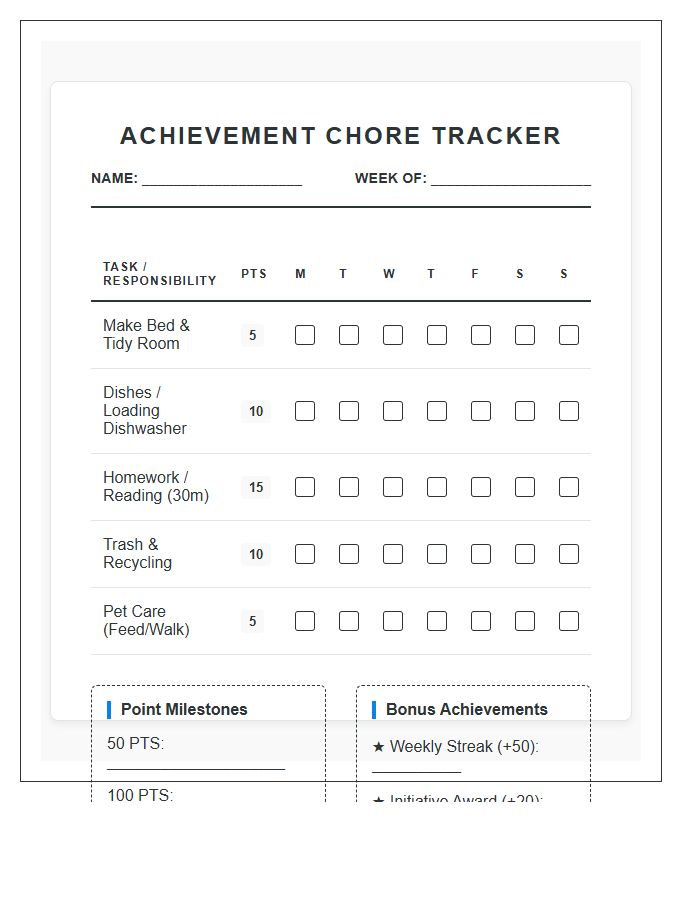 Achievement Based Chore Chart Printable