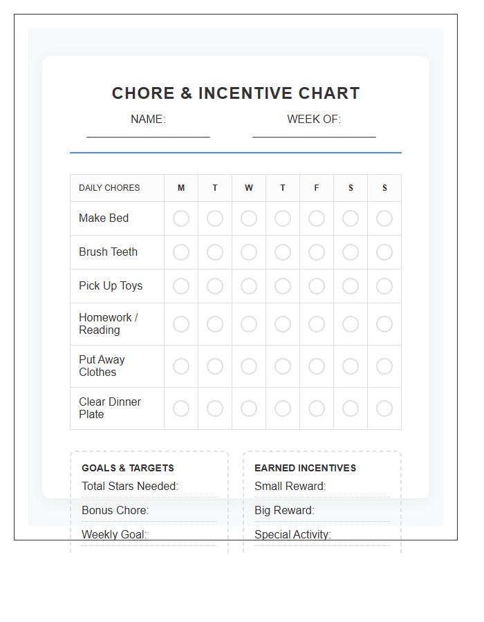Children Incentive Chore Chart Printable