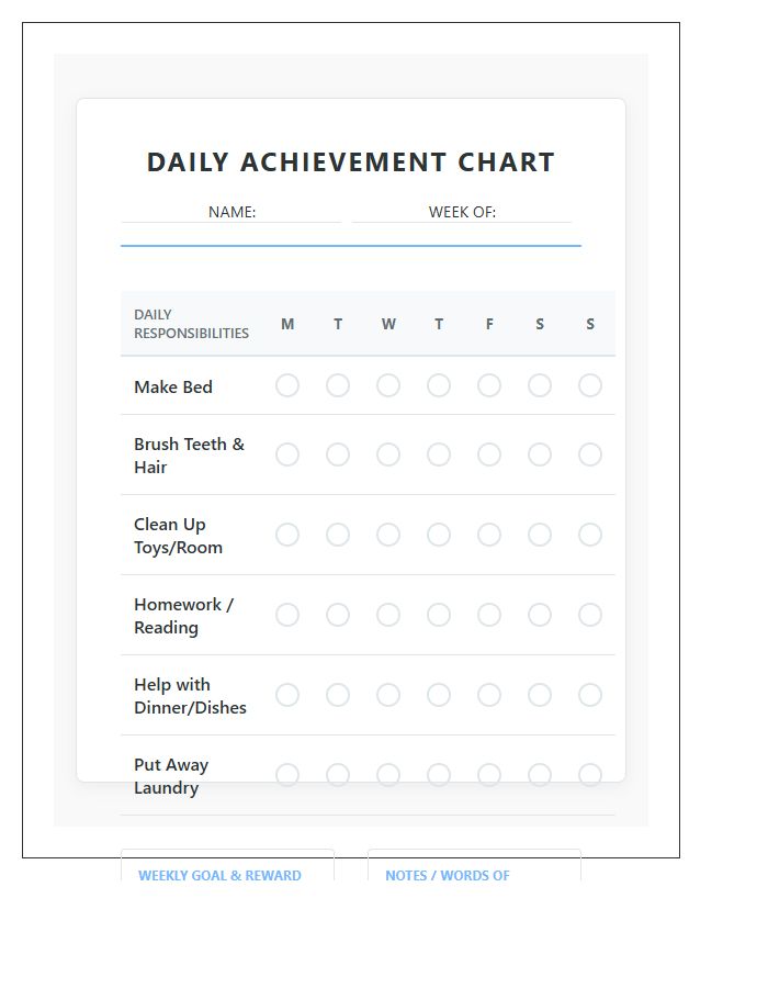 Daily Positive Reinforcement Chore Chart Printable