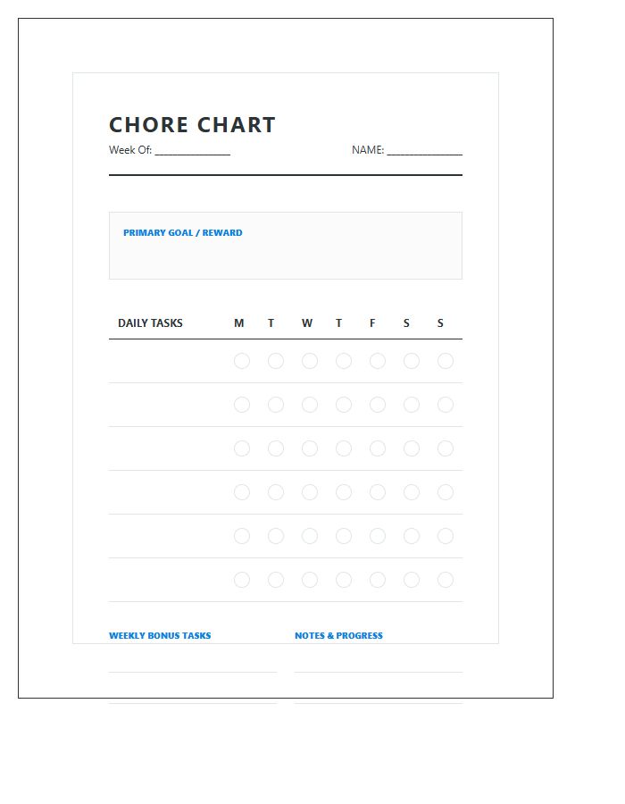 Goal Oriented Chore Chart Printable