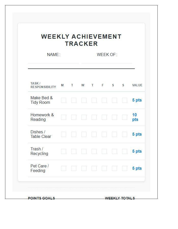 Incentive Based Chore Chart Printable