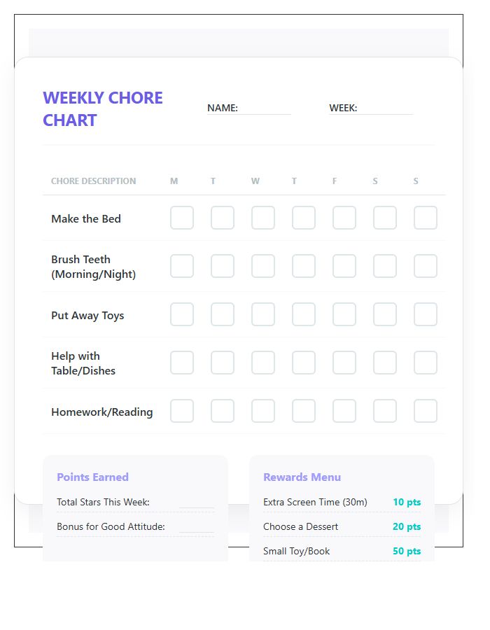 Kids Chore Chart Printable With Rewards