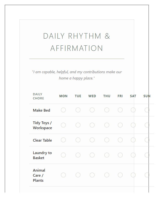 Positive Affirmation Chore Chart Printable