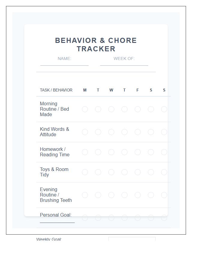 Positive Behavior Chore Chart Printable