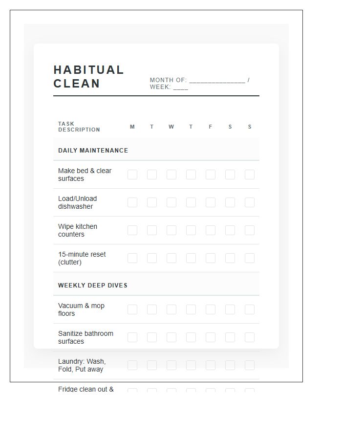 Adult Habit Tracker Style Chore Chart Printable
