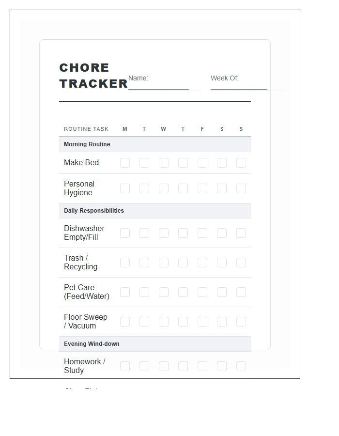Comprehensive Habit Tracker Style Chore Chart Printable