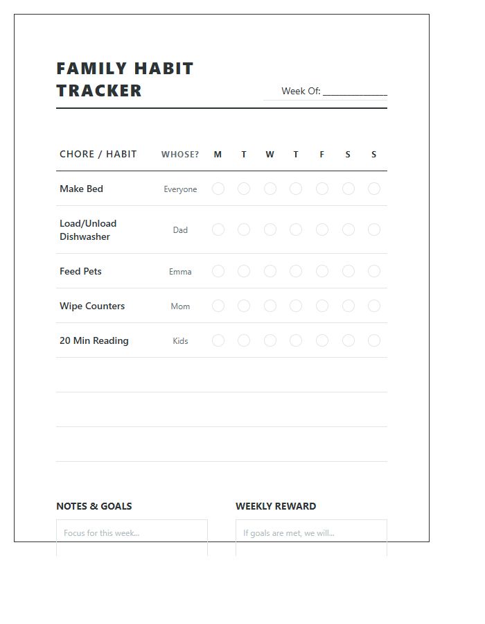 Family Habit Tracker Style Chore Chart Printable
