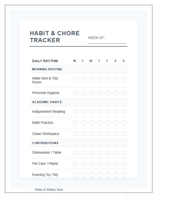 Homeschool Habit Tracker Style Chore Chart Printable