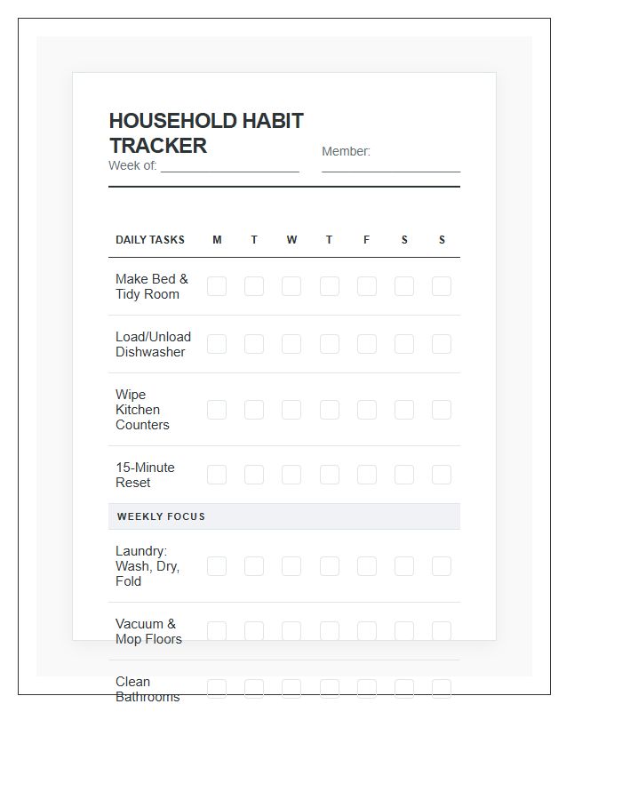 Household Habit Tracker Style Chore Chart Printable
